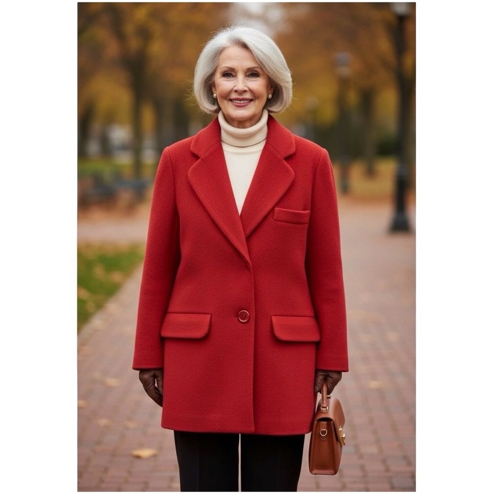 Women's Red Wool Blend Blazer Jacket‎ Button Front Pockets Tailored